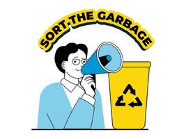 Zero waste concept with character situation. Activist with megaphone calls for sorting garbage, separating and sending it for recycling. Vector illustration with people scene in flat design for web