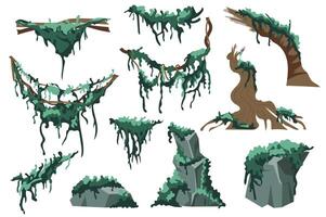 Moss and lichens set graphic elements in flat design. Bundle of swamp green lichen on tree trunks and stones, green hanging creepers and other plants on branches. Vector illustration isolated objects