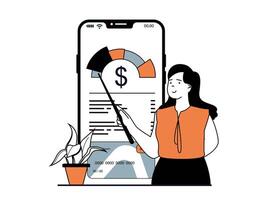 Finance concept with character situation. Woman analyzes financial profit and controls her savings in account using mobile application. Vector illustration with people scene in flat design for web