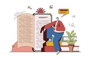 Online reading concept with character situation in flat design. Man reads e-book using mobile application. Reader studying electronic files on smartphone. Vector illustration with people scene for web