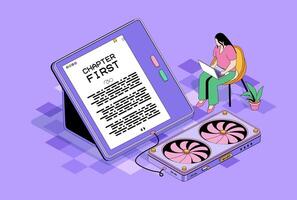 Online reading concept in 3d isometric design. Woman reading e-books on laptop application, buying electronic books in online bookstore. Vector isometry illustration with people scene for web graphic