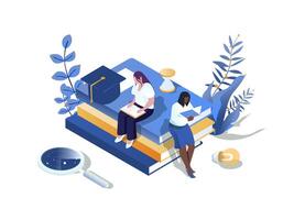 Knowledge concept 3d isometric web scene. People reading different books and textbooks for improving skills and preparing graduates exam at university. Vector illustration in isometry graphic design