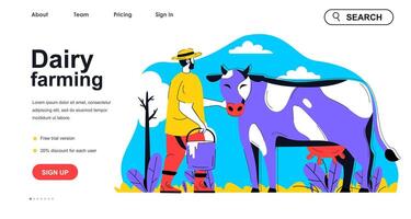 Dairy farming concept for landing page template. Farmer caring for cow and holds bucket of milk. Livestock, animal husbandry people scene. Vector illustration with flat character design for web banner