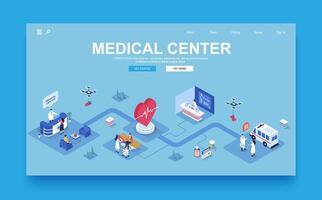 Medical center concept 3d isometric landing page template. People visit hospital, receive consultations from therapist, do tests in laboratory. Vector illustration in isometry graphic design.