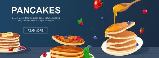 Pancakes horizontal web banner. Sweet pancakes with honey or syrup, bananas and berries for breakfast or delicious cafe menu. Vector illustration for header website, cover templates in modern design