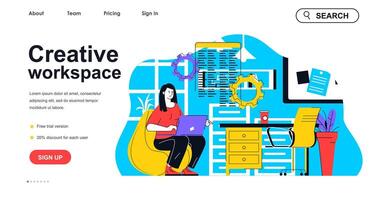 Creative workspace concept for landing page template. Woman working on laptop in office and doing tasks. Coworking center people scene. Vector illustration with flat character design for web banner