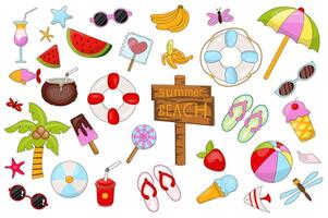 Summer set graphic elements in flat design. Bundle of beach pointer, tropical palm, ice cream, cocktail, watermelon, sunglasses, banana, lolly, lifebuoy and other. Vector illustration isolated objects