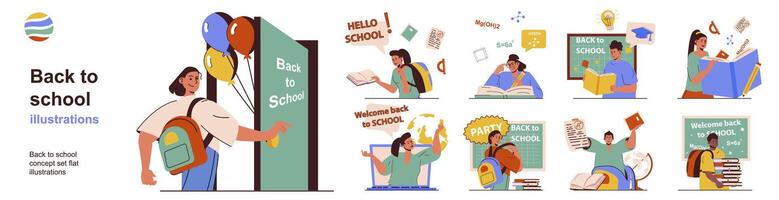 Back to school concept with character situations collection. Bundle of scenes people go to class, pupils reading books, learning at lessons, students studying. Vector illustrations in flat web design