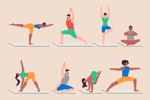 People doing yoga asanas set in flat design. Men and women practicing yoga and training, doing stretching and exercises. Bundle of diverse characters. Vector illustration isolated persons for web