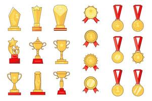 Awards set graphic elements in flat design. Bundle of gold cups, reward badges and medals with red ribbons for awarding winners and champions with first places. Vector illustration isolated objects