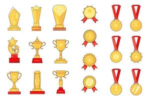 Awards set graphic elements in flat design. Bundle of gold cups, reward badges and medals with red ribbons for awarding winners and champions with first places. Vector illustration isolated objects