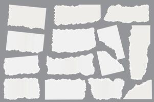 Torn paper set graphic elements in flat design. Bundle of different shapes of white ripped paper scraps with empty spaces, page pieces with torn ripped edges. Vector illustration isolated objects