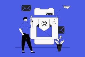 Email web concept with character scene in flat design. People sending new letters from mailbox, using online correspondence in mobile apps. Vector illustration for social media marketing material.