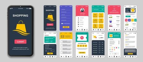 Shopping mobile app screens set for web templates. Pack of login, assortment goods, prices, online ordering, shop rating and other mockups. UI, UX, GUI user interface kit for layouts. Vector design