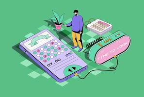 Mobile organizer concept in 3d isometric design. Man manage work tasks, marks meetings on online calendar and organized time using app. Vector isometry illustration with people scene for web graphic