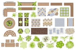 Architectural elements set graphic elements in flat design. Bundle of pathways, tiles, plants, table, chairs, benches and other in top view for garden yard map. Vector illustration isolated objects