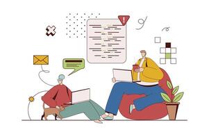 Freelance work concept with character situation in flat design. Woman and man doing online tasks with laptops, communicate and work in cozy home office. Vector illustration with people scene for web