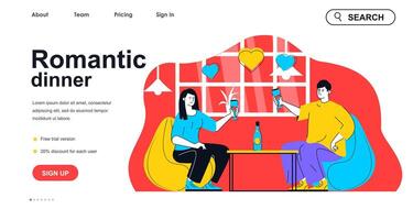 Romantic dinner concept for landing page template. Loving man and woman on date in restaurant. Couple relationship, family people scene. Vector illustration with flat character design for web banner