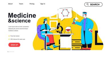 Medicine and science concept for landing page template. Doctor and laboratory assistant do research in lab. Medical clinic people scene. Vector illustration with flat character design for web banner