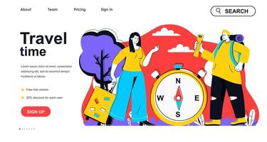 Travel time concept for landing page template. Man and woman with luggages and compass goes on trip. Vacation and tourism people scene. Vector illustration with flat character design for web banner