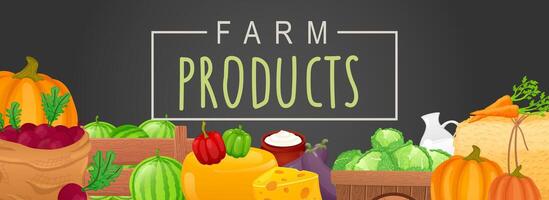 Farm product horizontal web banner. Cheese, sour, pumpkins, cabbages, watermelons, carrots, beets, eggplants and other harvest. Vector illustration for header website, cover templates in modern design