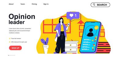 opinión líder concepto para aterrizaje página modelo. mujer blogger hace En Vivo corriente a seguidores utilizando móvil aplicación blogging personas escena. vector ilustración con plano personaje diseño para web bandera
