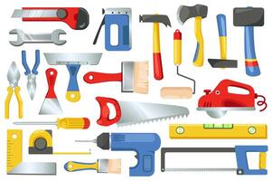 Building and repair tools set graphic elements in flat design. Bundle of hammer, paint roller, axe, tape measure, brush, wrench, pliers, screwdriver, saw and other.Vector illustration isolated objects vector