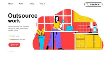 Outsource work concept for landing page template. Woman remote worker working in kitchen. Freelancer works at home office people scene. Vector illustration with flat character design for web banner