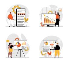 Financial planning concept with character set. Collection of scenes people analysis money budget, making audit and calculating profit balance and savings. Vector illustrations in flat web design