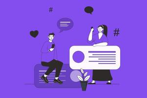 Forum web concept with character scene in flat design. People texting online, leave messages in chat, have conversation in internet community. Vector illustration for social media marketing material.