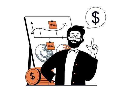 Finance concept with character situation. Man analyzes financial data on charts report, develops successful strategy for increasing income. Vector illustration with people scene in flat design for web