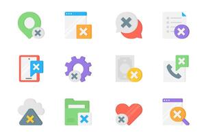 Reject 3d icons set. Pack flat pictograms of cross sign on location pin, webpage, chat message, document, notice, settings, gear, money, call and other. Vector elements for mobile app and web design