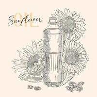 Sunflower oil advertisement, gourmet cooking oil product in engraving illustration with sunflowers vector