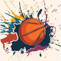 Vector illustration of a basketball in paint splatter, with dynamic bright background, flying basketball, energy all around