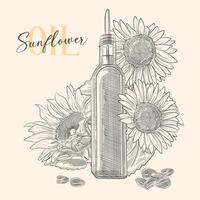 Glass bottle with sunflower oil dispenser with sunflower flowers and bundle of seeds. Vector drawing illustration.
