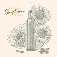 Glass bottle with sunflower oil dispenser with sunflower flowers and bundle of seeds. Vector drawing illustration.