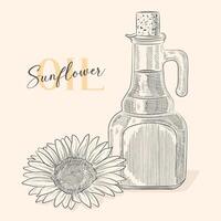 Vector outline. Still life with sunflower oil in glass carafe and sunflower flower,