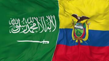 KSA, Kingdom of Saudi Arabia and Ecuador Flags Together Seamless Looping Background, Looped Bump Texture Cloth Waving Slow Motion, 3D Rendering video