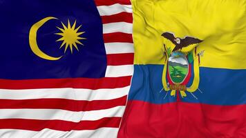 Malasia y Ecuador banderas juntos sin costura bucle fondo, serpenteado bache textura paño ondulación lento movimiento, 3d representación video