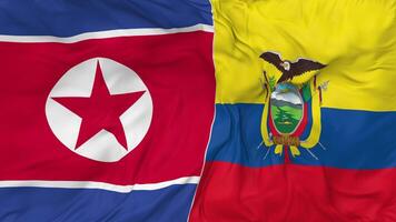 norte Corea y Ecuador banderas juntos sin costura bucle fondo, serpenteado bache textura paño ondulación lento movimiento, 3d representación video