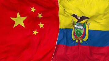 Cina e ecuador bandiere insieme senza soluzione di continuità looping sfondo, loop urto struttura stoffa agitando lento movimento, 3d interpretazione video