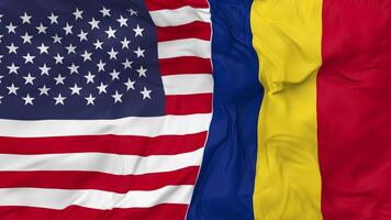 Unidos estados e romênia bandeiras juntos desatado looping fundo, em loop colisão textura pano acenando lento movimento, 3d Renderização video