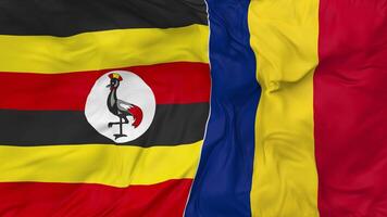 Uganda and Romania Flags Together Seamless Looping Background, Looped Bump Texture Cloth Waving Slow Motion, 3D Rendering video