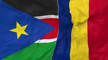 South Sudan and Romania Flags Together Seamless Looping Background, Looped Bump Texture Cloth Waving Slow Motion, 3D Rendering video