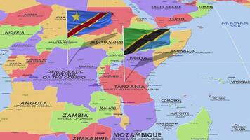 Tanzânia e dr Congo bandeira acenando com a mundo mapa, desatado ciclo dentro vento, 3d Renderização video