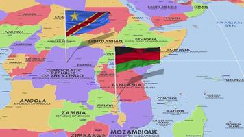 malawi e dr Congo bandeira acenando com a mundo mapa, desatado ciclo dentro vento, 3d Renderização video