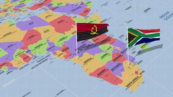 angola e Sud Africa bandiera agitando con il mondo carta geografica, senza soluzione di continuità ciclo continuo nel vento, 3d interpretazione video