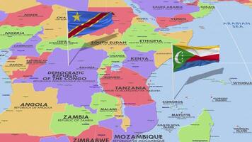 comoras y Dr congo bandera ondulación con el mundo mapa, sin costura lazo en viento, 3d representación video