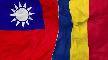 Taiwan and Romania Flags Together Seamless Looping Background, Looped Bump Texture Cloth Waving Slow Motion, 3D Rendering video