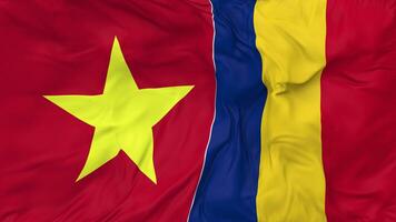 Vietnam and Romania Flags Together Seamless Looping Background, Looped Bump Texture Cloth Waving Slow Motion, 3D Rendering video